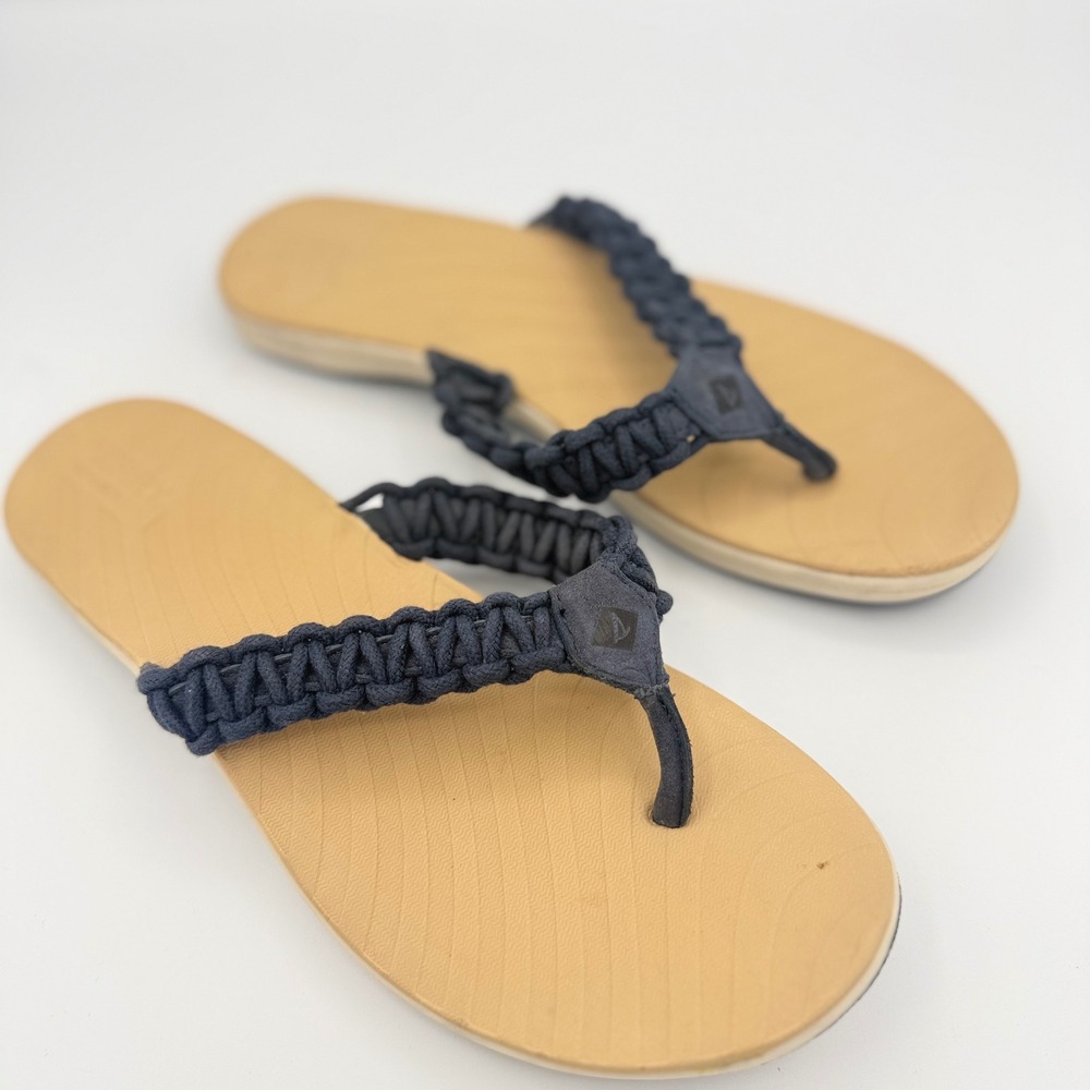 Sperry Flip Flop Sandals Womens 8 Navy blue Braided Macrame Rope Nautical travel